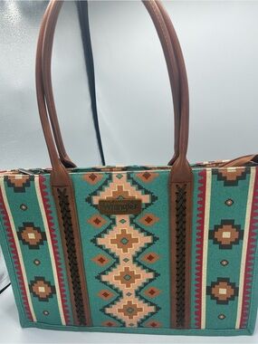 Wrangler Turquoise Aztec Tote with Brown Handles and Coral Accents